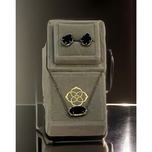 Kendra Scott Rhodium Plate Opaque Black Glass Elisa Necklace & Tessa Studs Set